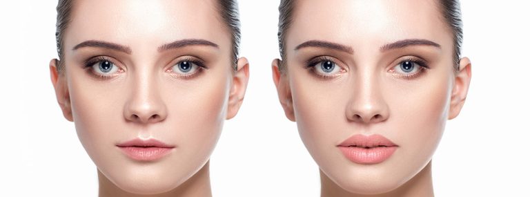 Beautiful woman face with fresh makeup, beauty healthy skin and wide eyebrows.